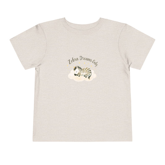 Beige natural t-shirt with zebra graphic and 'Zebra Dreams Only' text on a white background