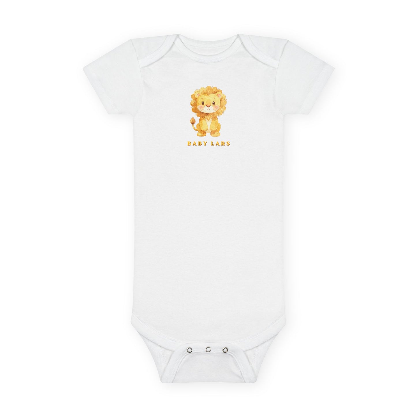 White baby onesie with a lion design and 'Baby Lane' text on a white background