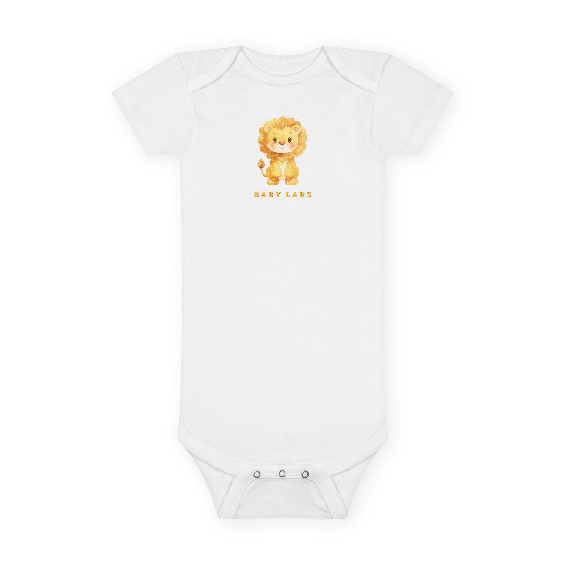 White baby onesie with a lion design and 'Baby Lane' text on a white background