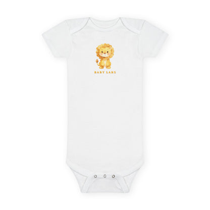 White baby onesie with a lion design and 'Baby Lane' text on a white background