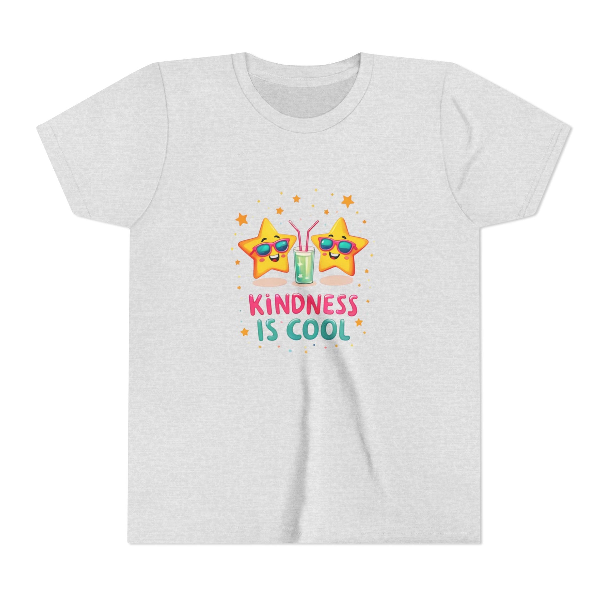 Ash t-shirt with 'Kindness is Cool' design featuring sunglasses and a drink on a white background