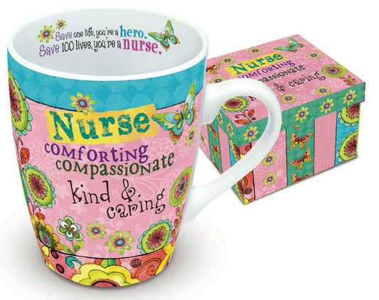 Colorful mug with 'Nurse' text and decorative elements, accompanied by a matching box.