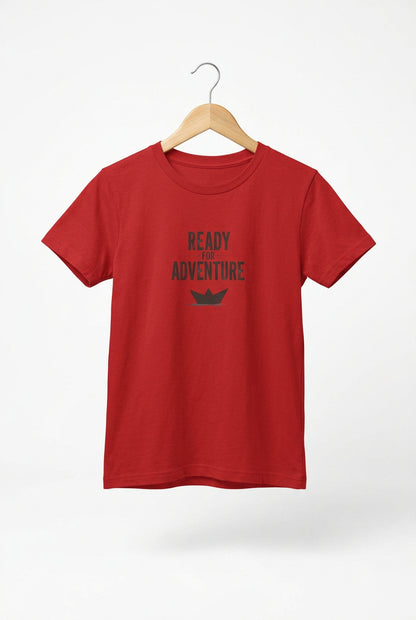 Kids red T‑shirt with bold black “Ready for Adventure” text and a small paper boat graphic.