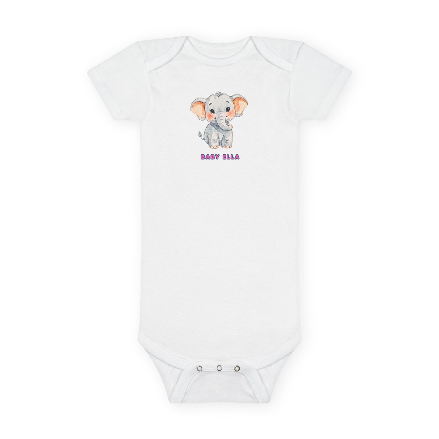 White baby onesie with a cartoon elephant design and 'Baby Ella' text on a white background