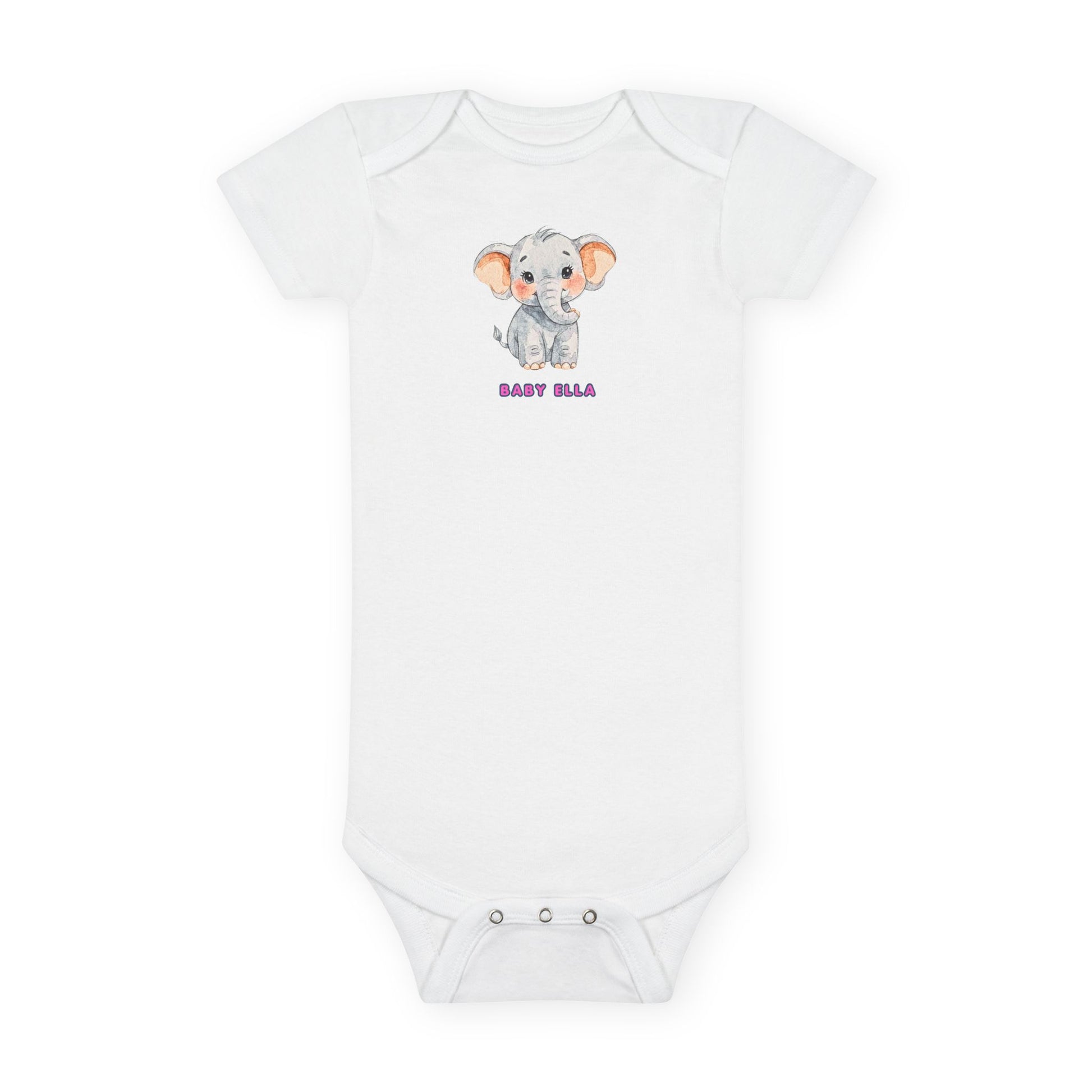 White baby onesie with a cartoon elephant design and 'Baby Ella' text on a white background