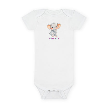 White baby onesie with a cartoon elephant design and 'Baby Ella' text on a white background
