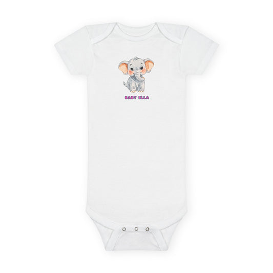 White baby onesie with a cartoon elephant design and 'Baby Ella' text on a white background