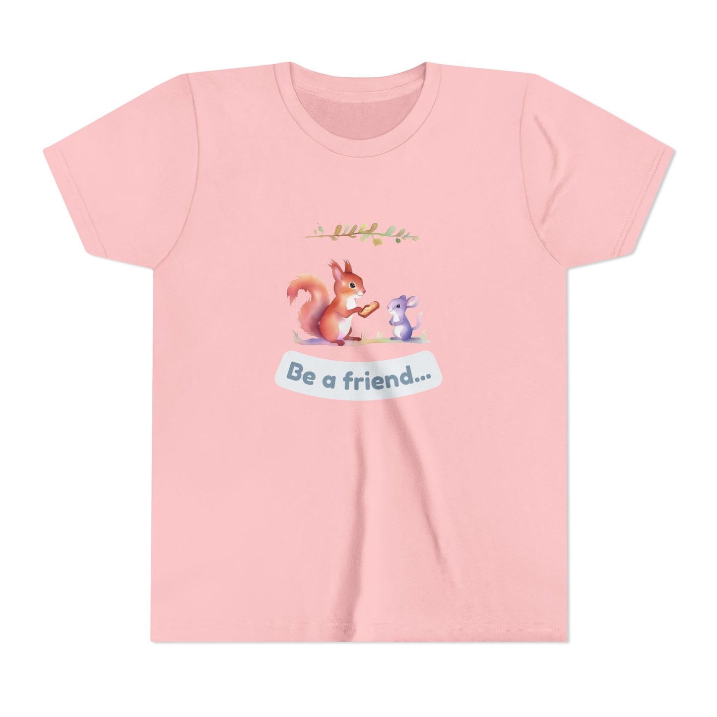 Pink t-shirt with a cartoon squirrel and mouse design and 'Be a friend' text on a white background