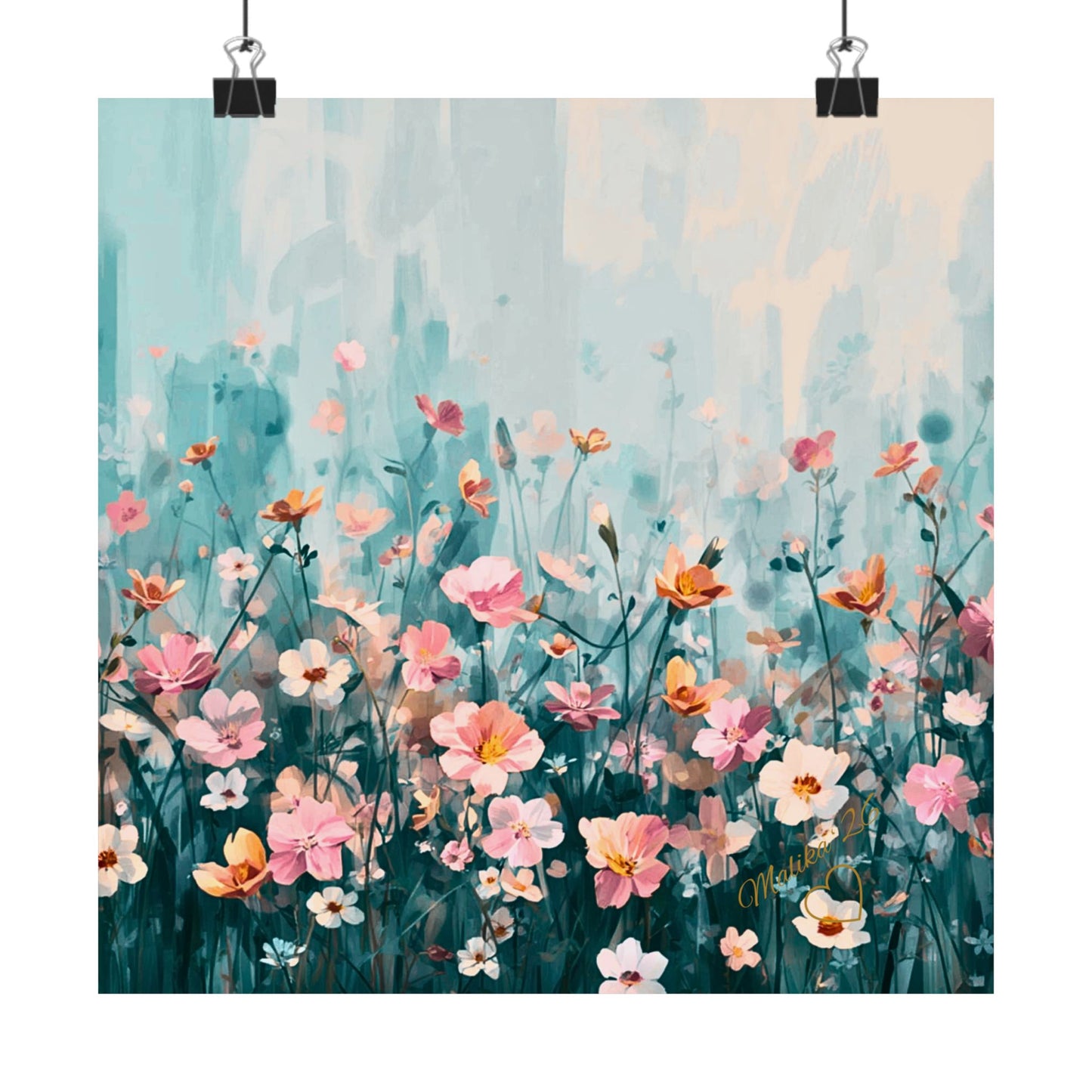 Colorful floral painting with watercolor effect on a light blue background. Part of the Morning Meadow collection.