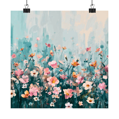 Colorful floral painting with watercolor effect on a light blue background. Part of the Morning Meadow collection.