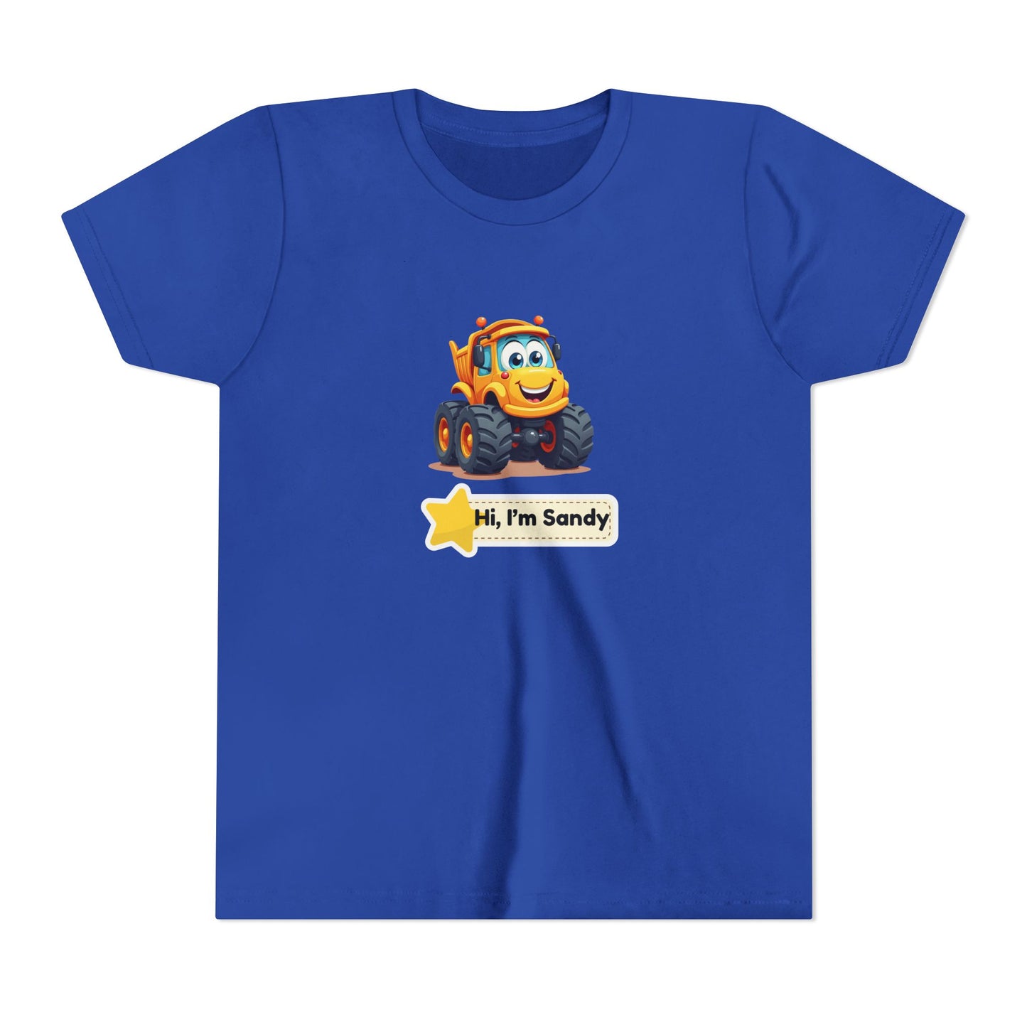 A royal blue short-sleeve t-shirt with a cartoon graphic of an orange construction vehicle and a star-shaped label that reads 'Hi, I'm Sandy'.