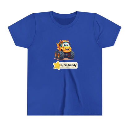 A royal blue short-sleeve t-shirt with a cartoon graphic of an orange construction vehicle and a star-shaped label that reads 'Hi, I'm Sandy'.