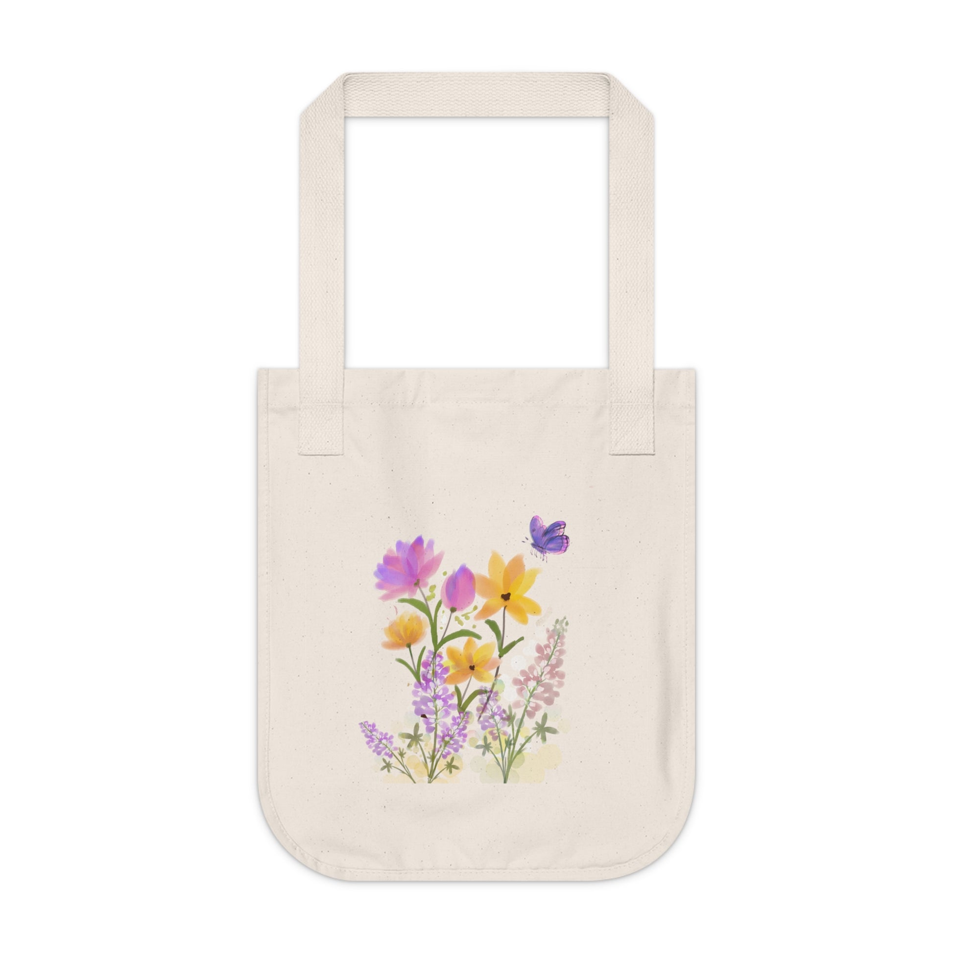 Beige tote bag with floral design on a white background