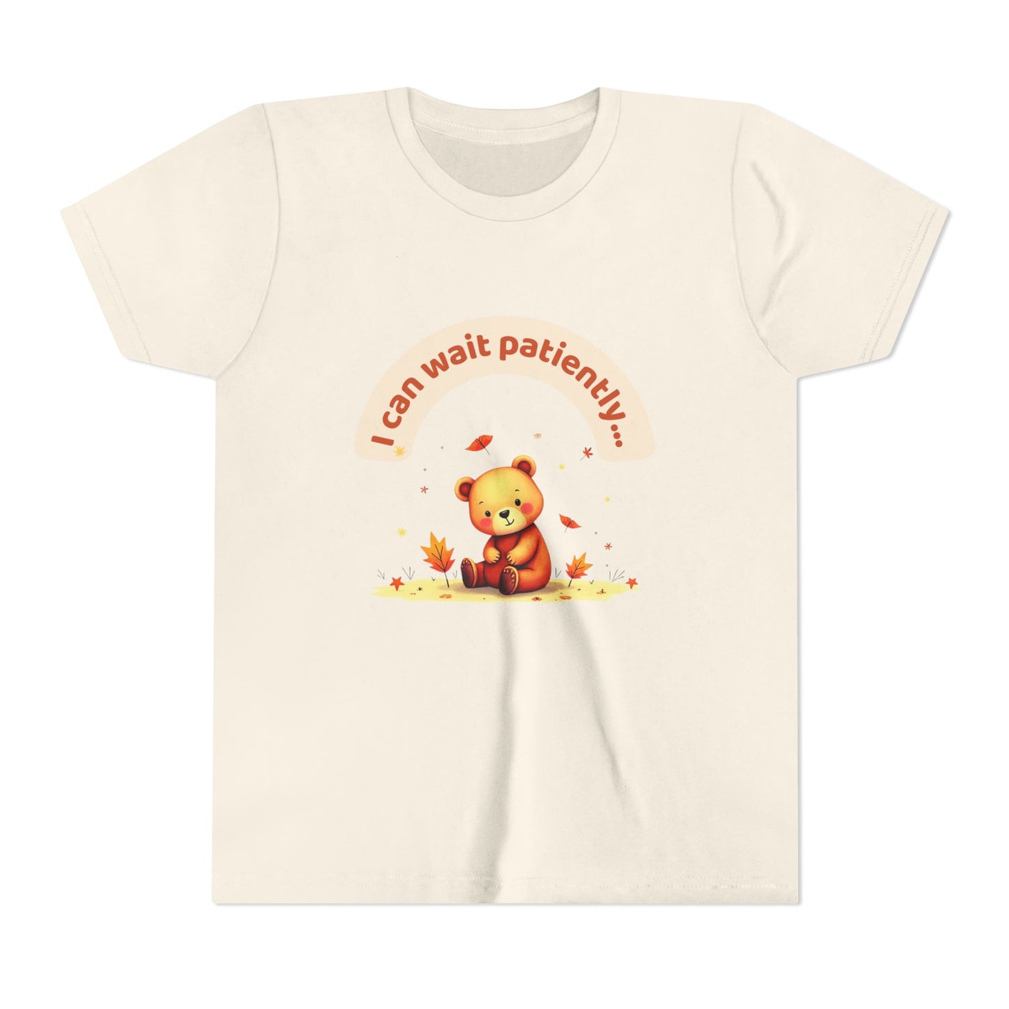 Beige t-shirt with a teddy bear graphic and text on a white background