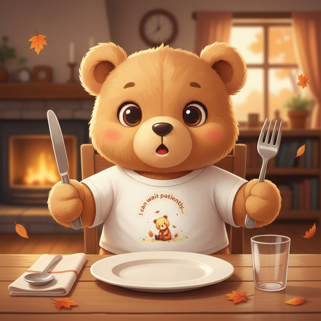 Beige t-shirt with a teddy bear graphic and text floating on fall harvest field background