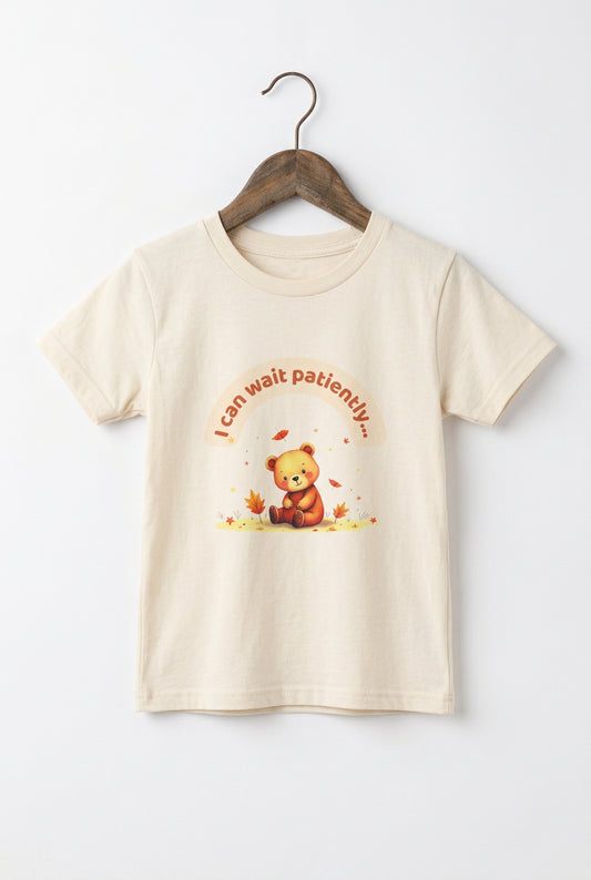 Youth T‑shirt featuring a cute brown bear sitting among autumn leaves under the phrase ‘I can wait patiently,’ promoting early‑childhood SEL and self‑regulation. An off-white short-sleeve t-shirt with a graphic of a cute cartoon bear sitting under a banner that reads 'I can wait patiently.