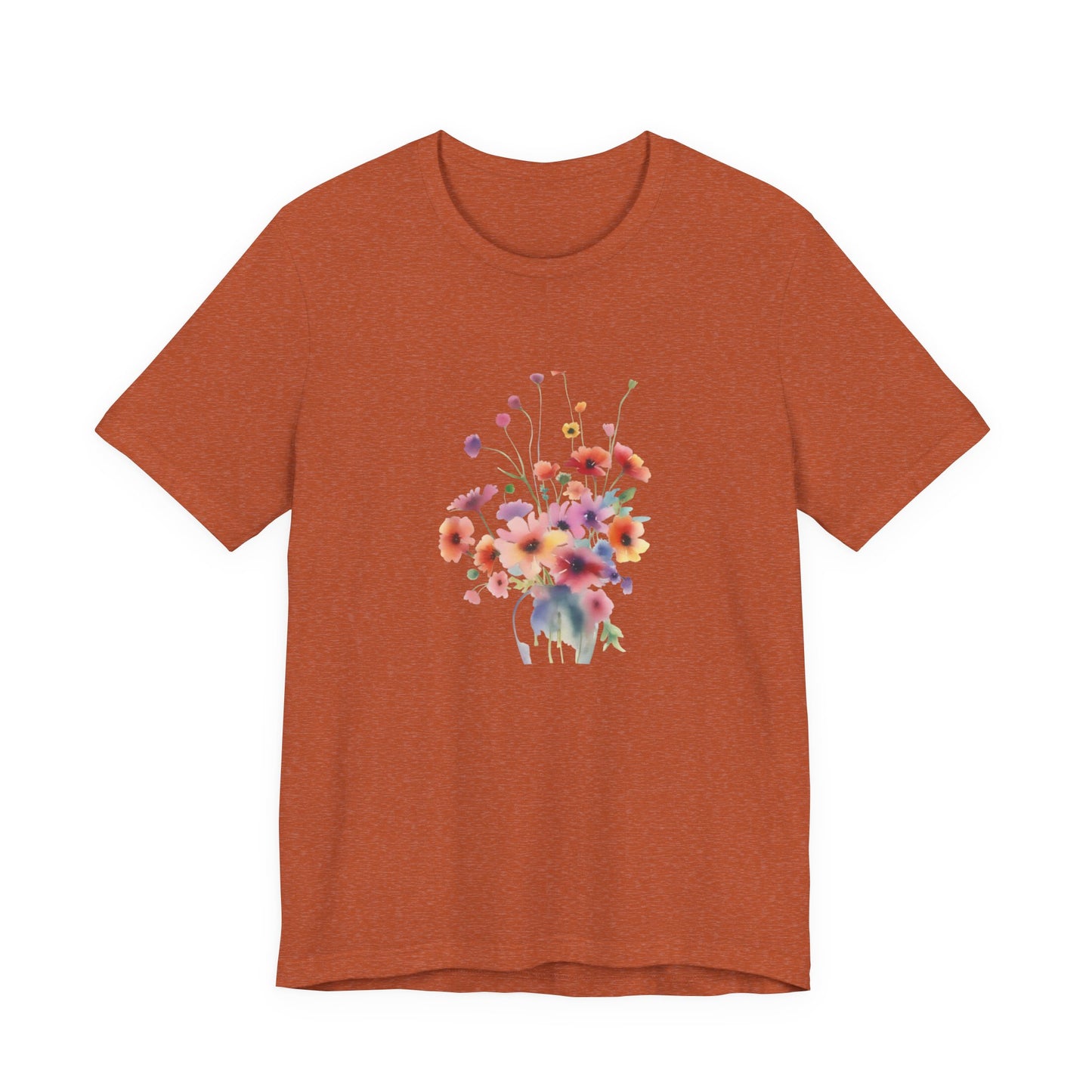 Orange t-shirt with a colorful floral design on a white background