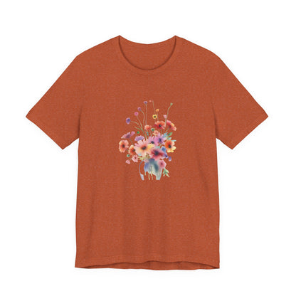 Orange t-shirt with a colorful floral design on a white background