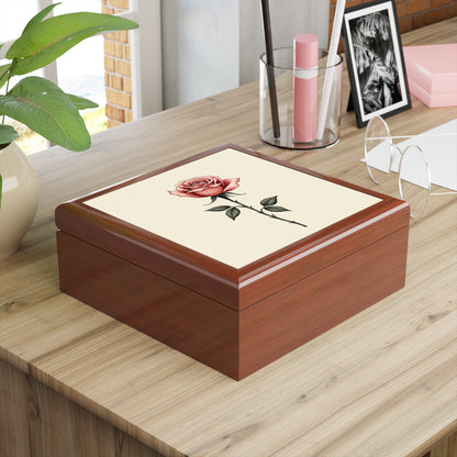 Rose Illustration Jewelry Box — Vintage Pink Rose Keepsake Box