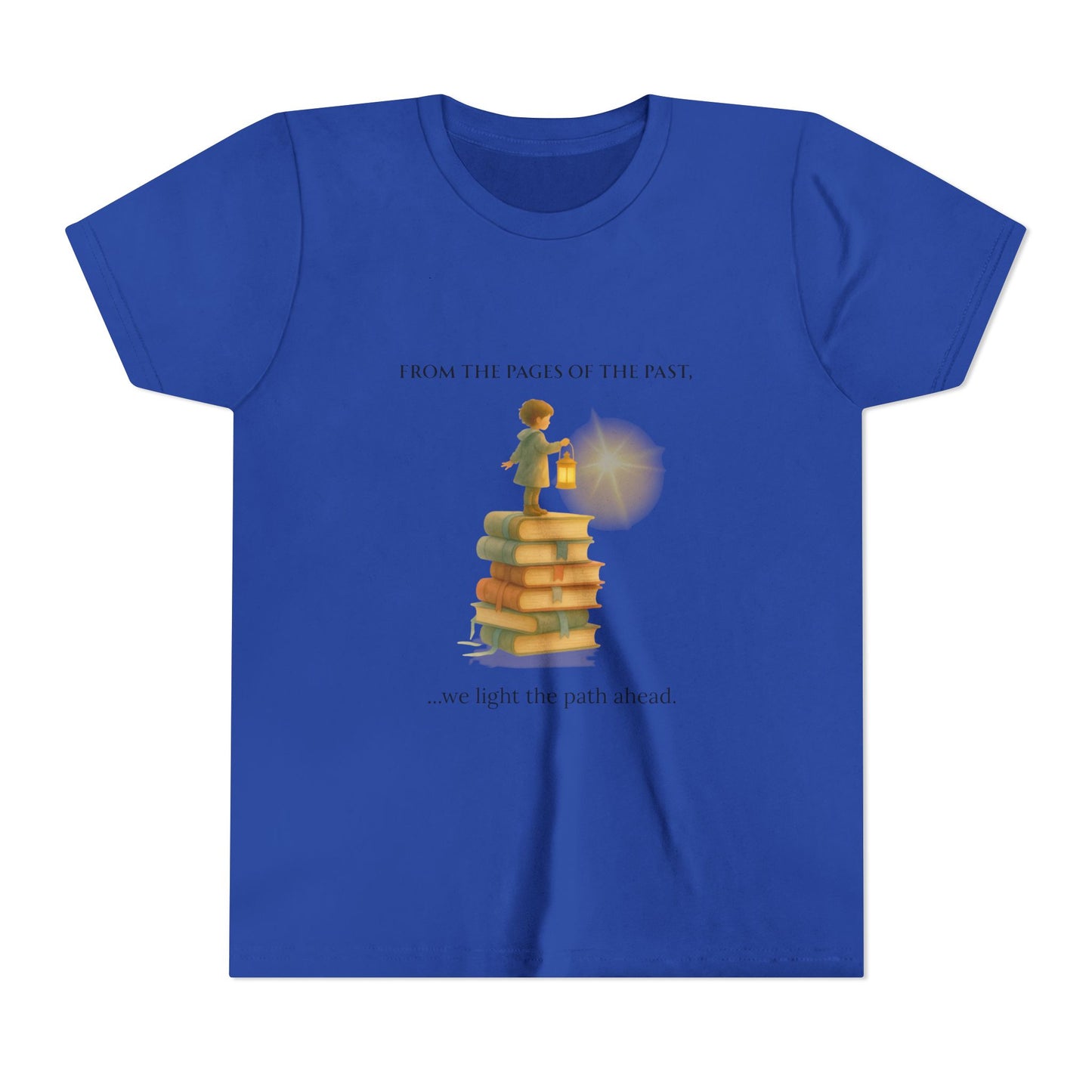 Blue t-shirt with a graphic of a child standing on books and a light bulb, with text above and below.