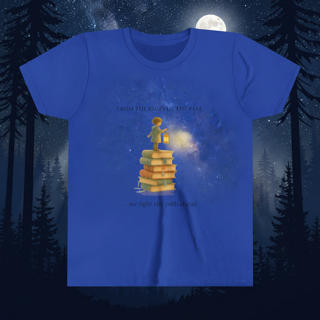 Blue t-shirt with a graphic of a child standing on books and a light bulb, with text above and below.