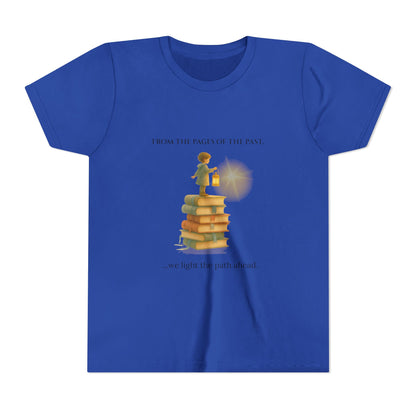 Blue t-shirt with a graphic of a child standing on books and a light bulb, with text above and below.