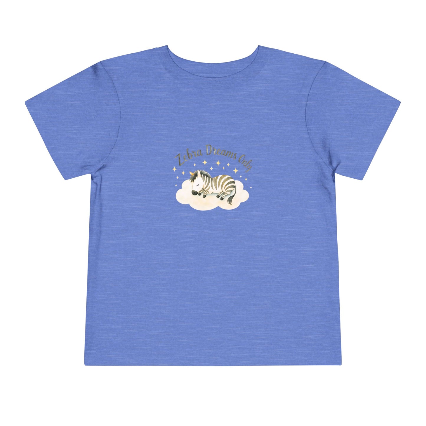 Blue t-shirt with a zebra graphic and text on a white background. Toddler t-shirt with a sleeping watercolor zebra curled on a cloud and text reading ‘Zebra Dreams.’