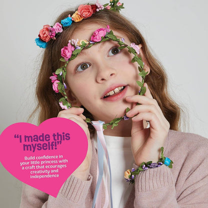 Young girl wearing a colorful flower crown with a pink heart and text overlay on a light background