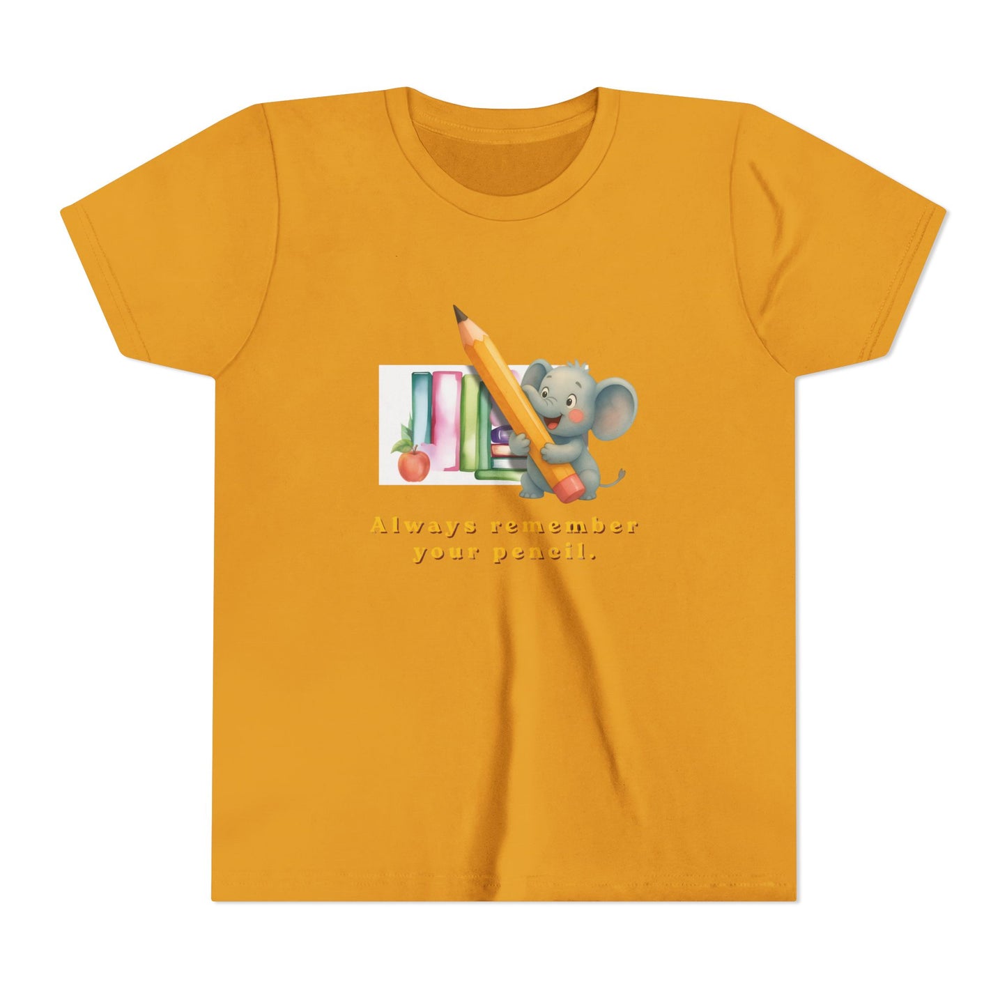 Yellow t-shirt with a cartoon elephant holding a pencil and books, with text 'Always remember your pencil.'