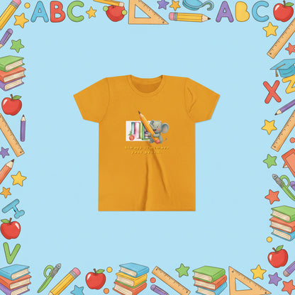 Yellow t-shirt with a cartoon elephant holding a pencil and books, with text 'Always remember your pencil.'