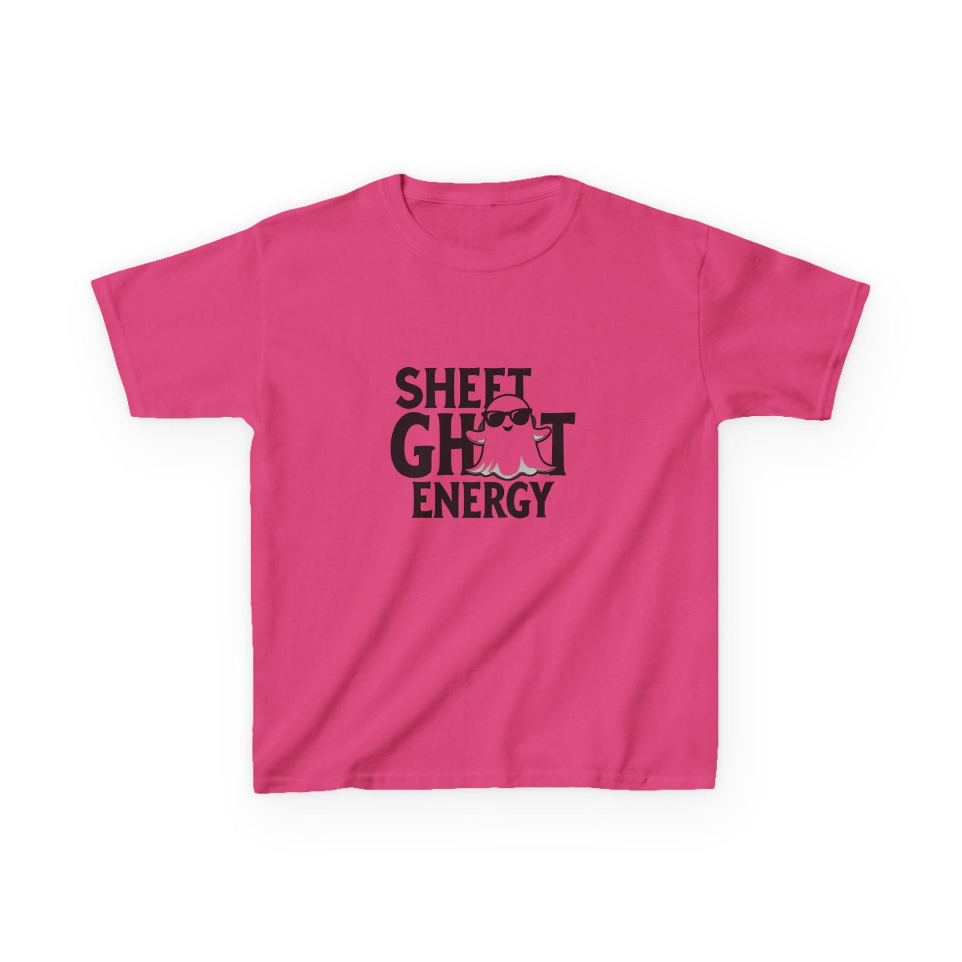 A bright pink / heliconia short-sleeve t-shirt with a black graphic text reading 'SHEET GHOST ENERGY' and a small pink ghost illustration, displayed on a clean white background.