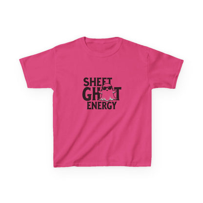 A bright pink / heliconia short-sleeve t-shirt with a black graphic text reading 'SHEET GHOST ENERGY' and a small pink ghost illustration, displayed on a clean white background.