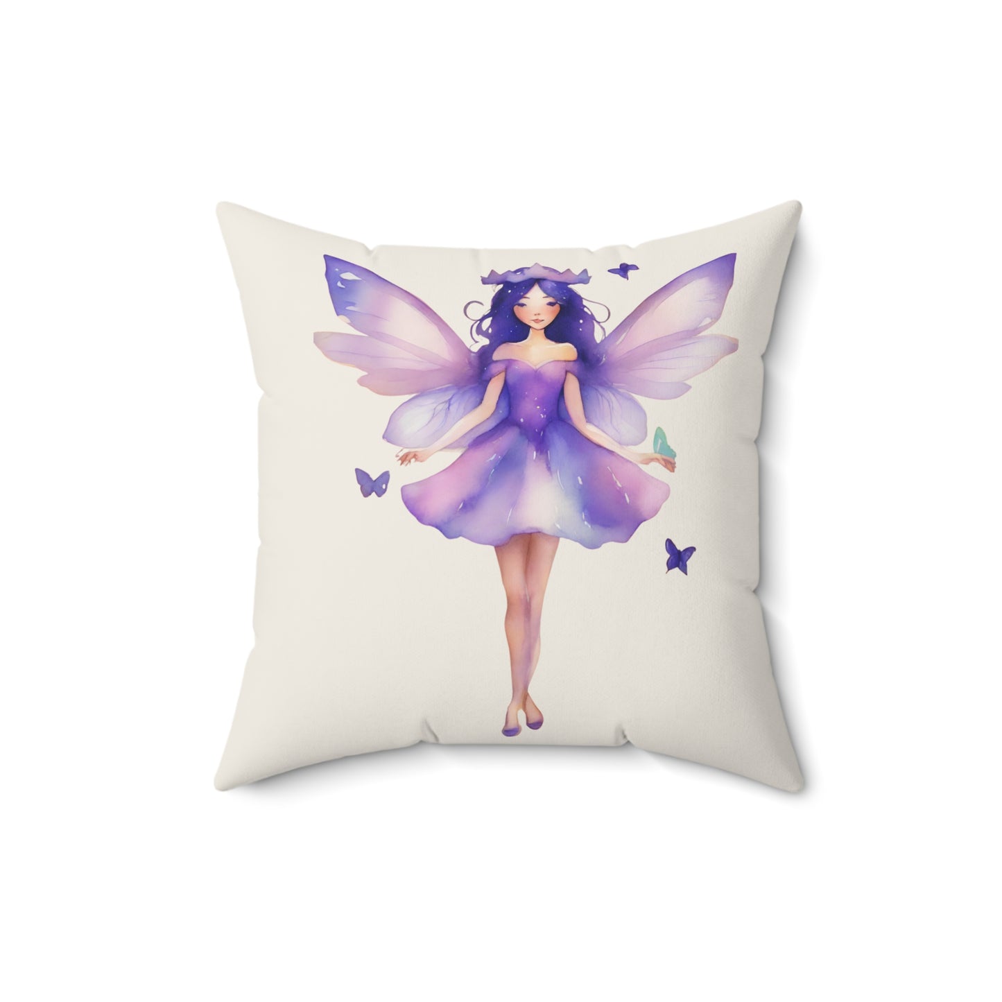 Cream Pillow with a lavender fairy design on a white background