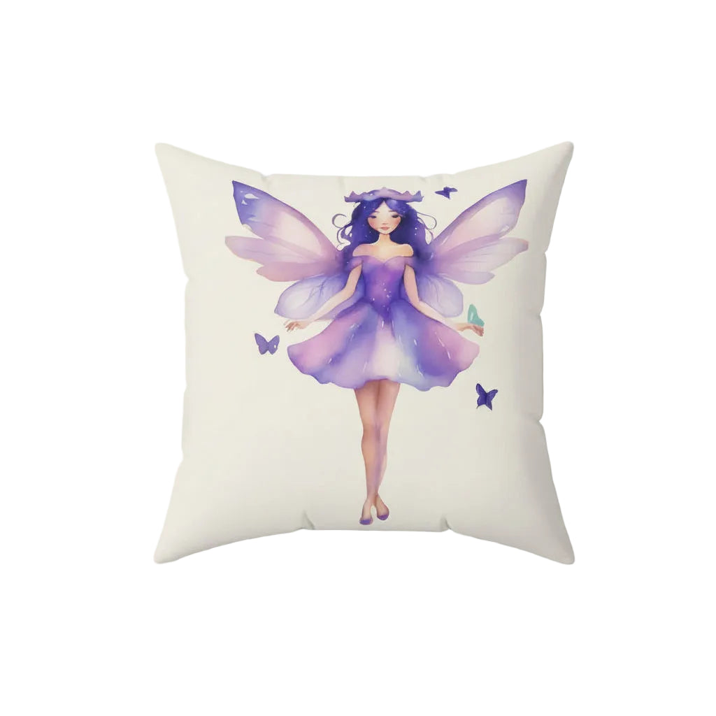 Cream Pillow with a lavender fairy design on a white background