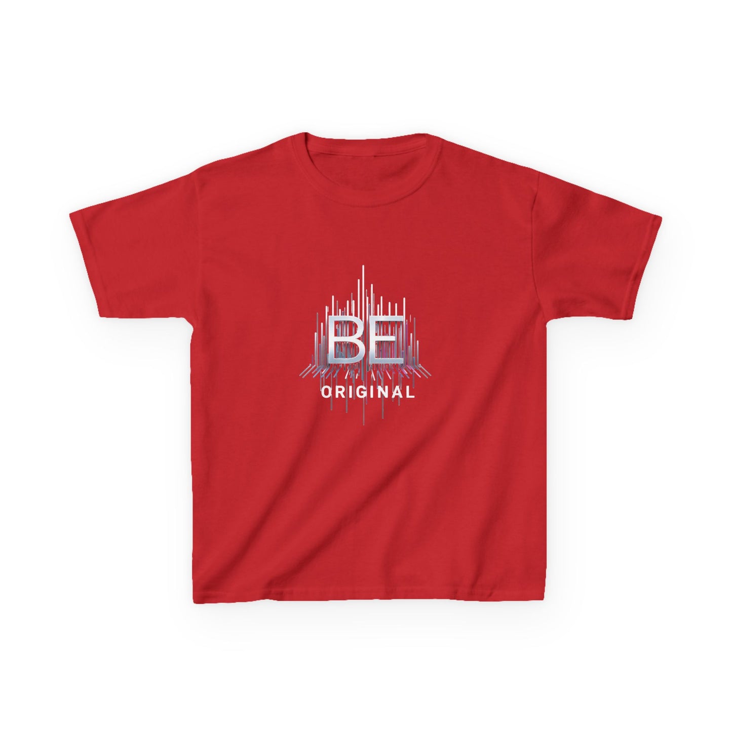 A red short-sleeve kids' t-shirt with a graphic on the chest featuring the text 'BE ORIGINAL' in white and light blue, displayed on a clean white background.