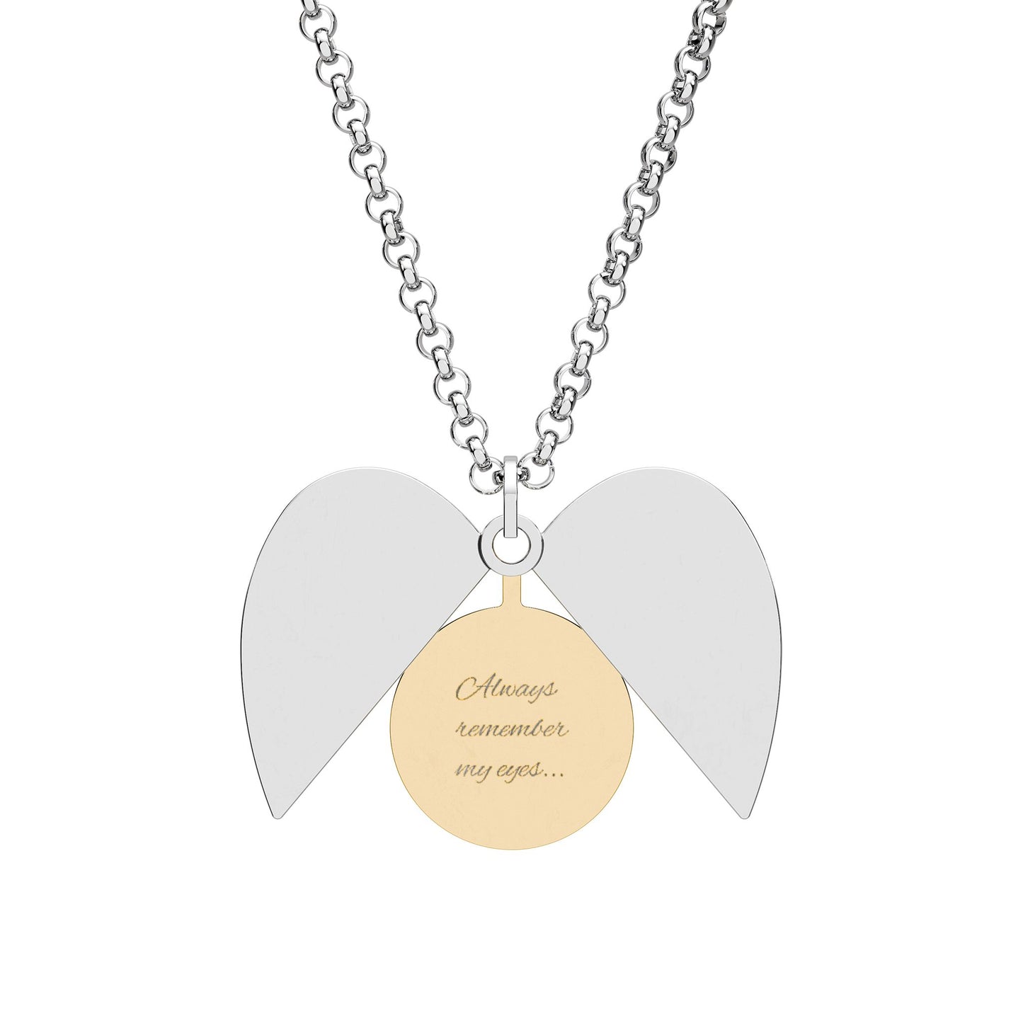 Necklace with angel wing pendants and a gold round pendant with engraved date on a white background