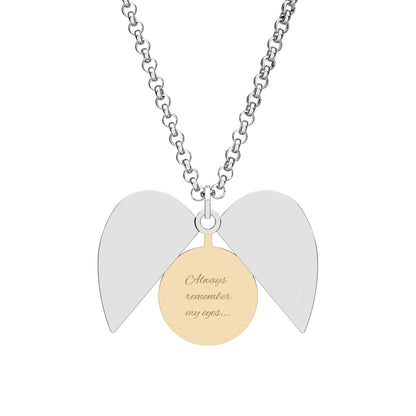 Necklace with angel wing pendants and a gold round pendant with engraved date on a white background