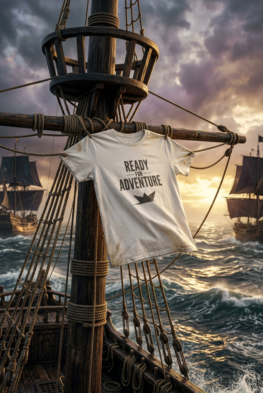 Kids white T‑shirt with bold black “Ready for Adventure” text and a small paper boat graphic.