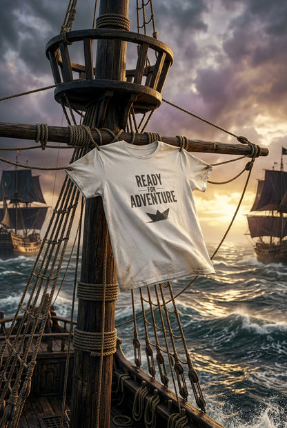 Kids white T‑shirt with bold black “Ready for Adventure” text and a small paper boat graphic.