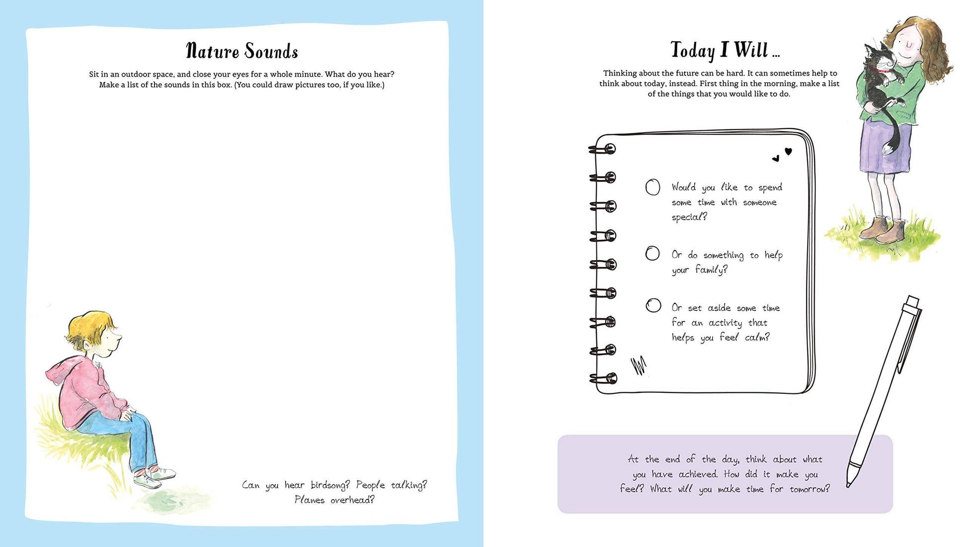 Illustrated book pages with a child and a notebook on a blue background