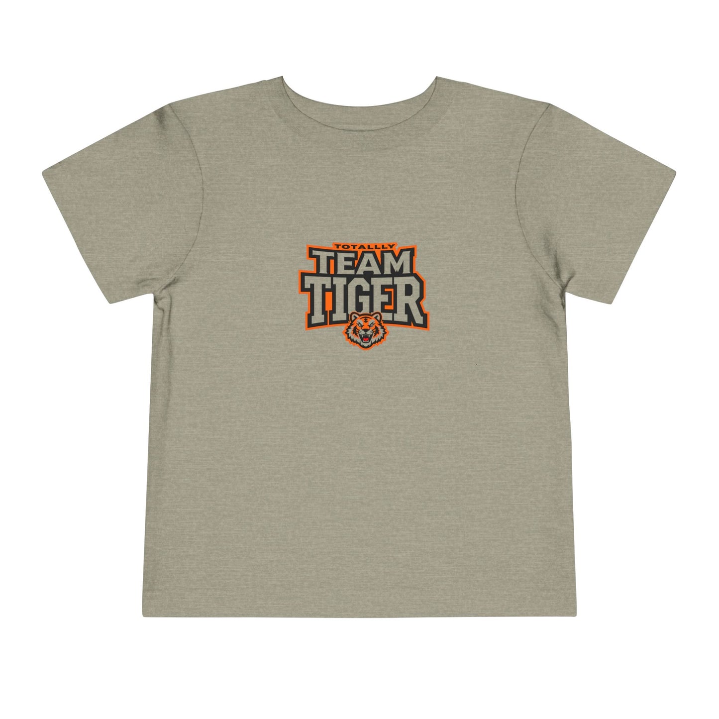 Beige t-shirt with  Orange and black sports-style ‘Team Tiger’ crest on a toddler tee.