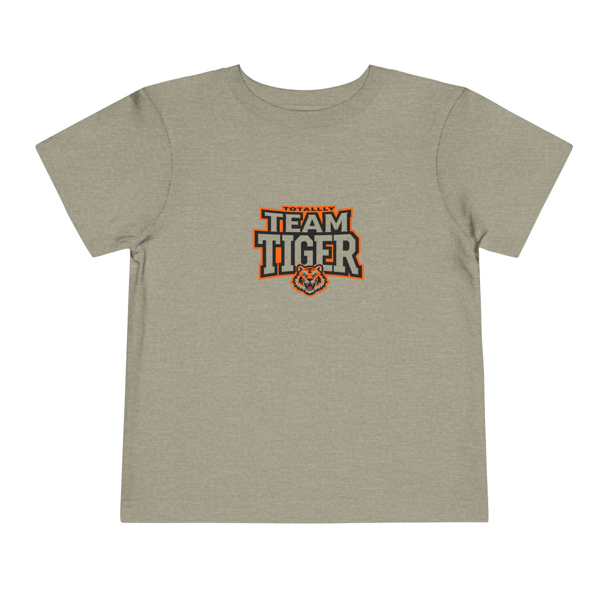 Beige t-shirt with  Orange and black sports-style ‘Team Tiger’ crest on a toddler tee.