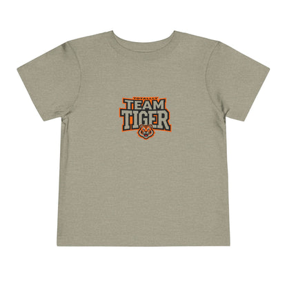 Beige t-shirt with  Orange and black sports-style ‘Team Tiger’ crest on a toddler tee.