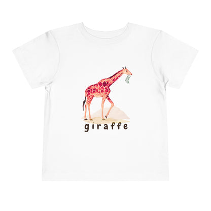 White t-shirt with a colorful giraffe graphic and 'giraffe' text on a white background