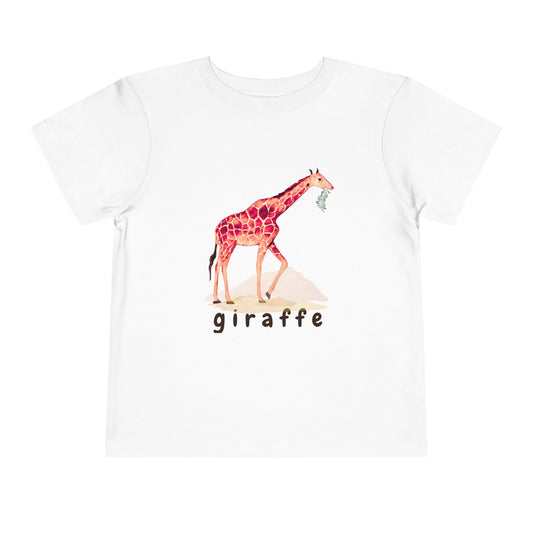 White t-shirt with a colorful giraffe graphic and 'giraffe' text on a white background