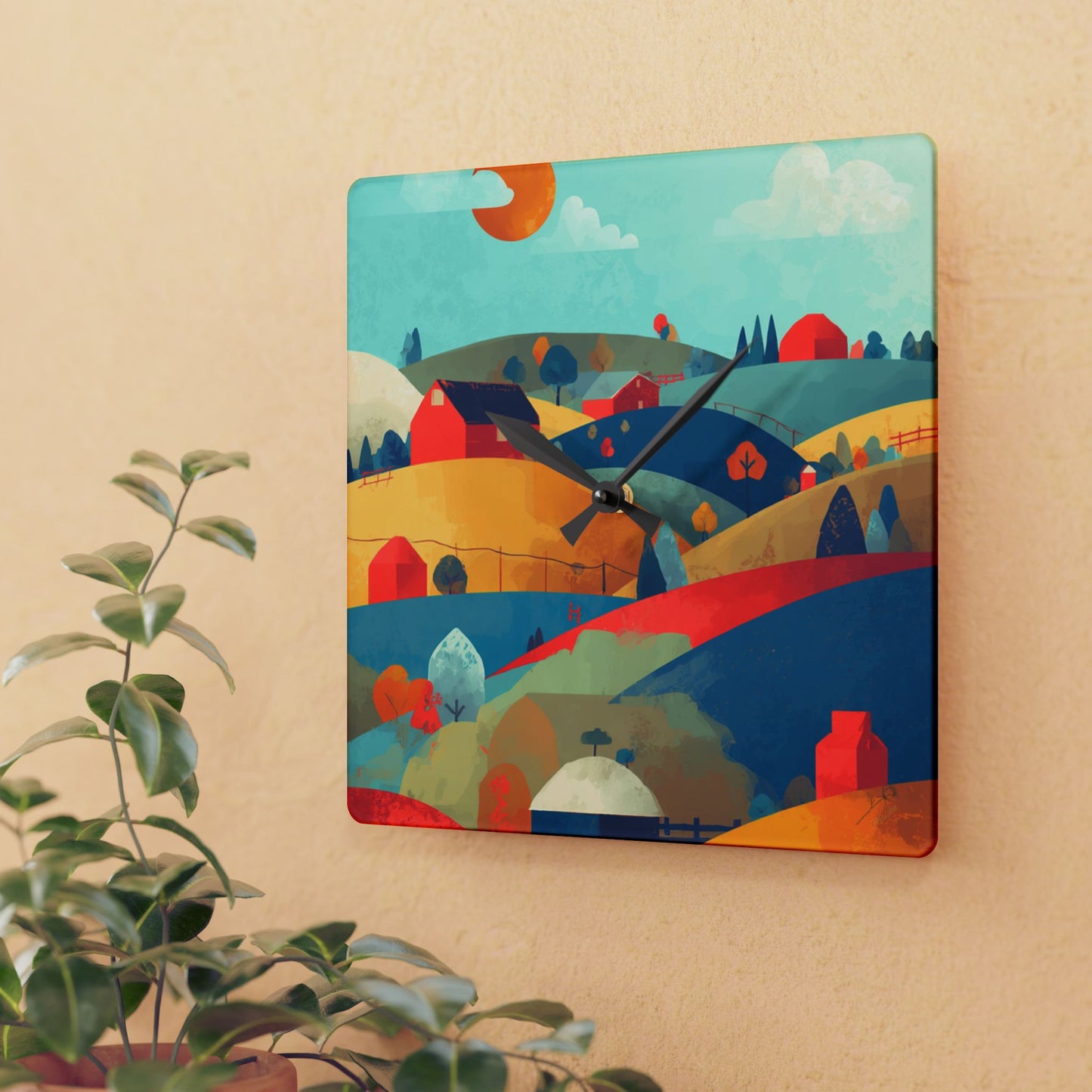 Acrylic Wall Clock — Patchwork Farmland Colorful Landscape Art Timepiece