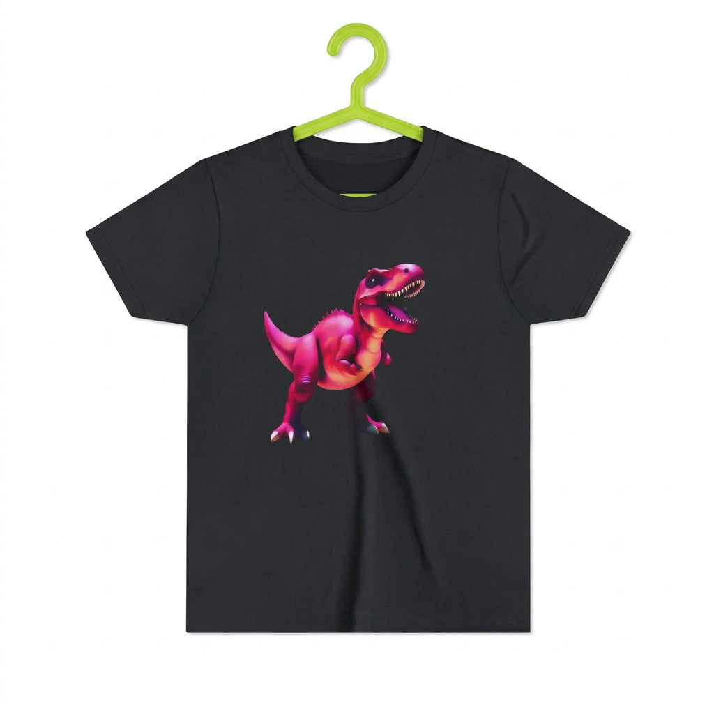 A large magenta dinsaur laughs with its mouth wide open is featured on a black tee.
