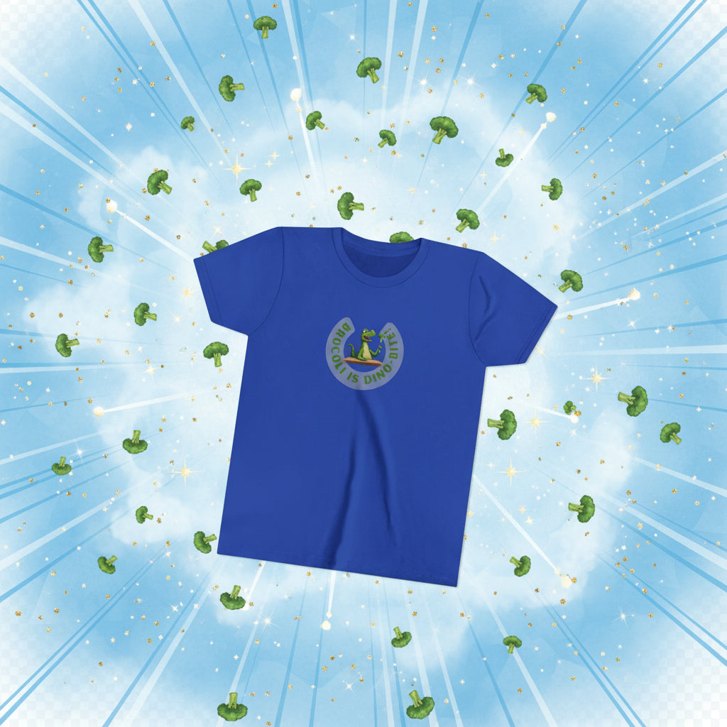 A royal blue short-sleeve crewneck t-shirt featuring a circular graphic on the chest with a green cartoon dinosaur and the text 'Broccoli is dino-bite.