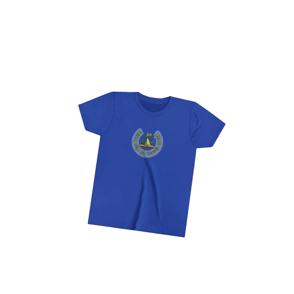 A royal blue short-sleeve crewneck t-shirt featuring a circular graphic on the chest with a green cartoon dinosaur and the text 'Broccoli is dino-bite.