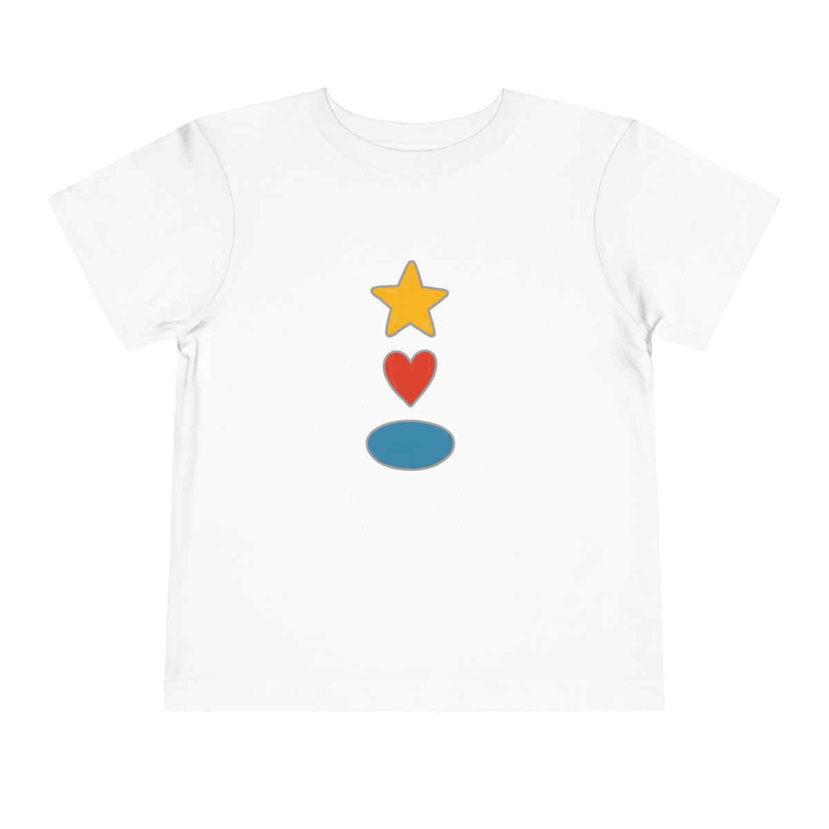 A white short-sleeve crewneck t-shirt featuring a vertical graphic of a yellow star, a red heart, and a blue oval on the chest, displayed against a solid white background.
